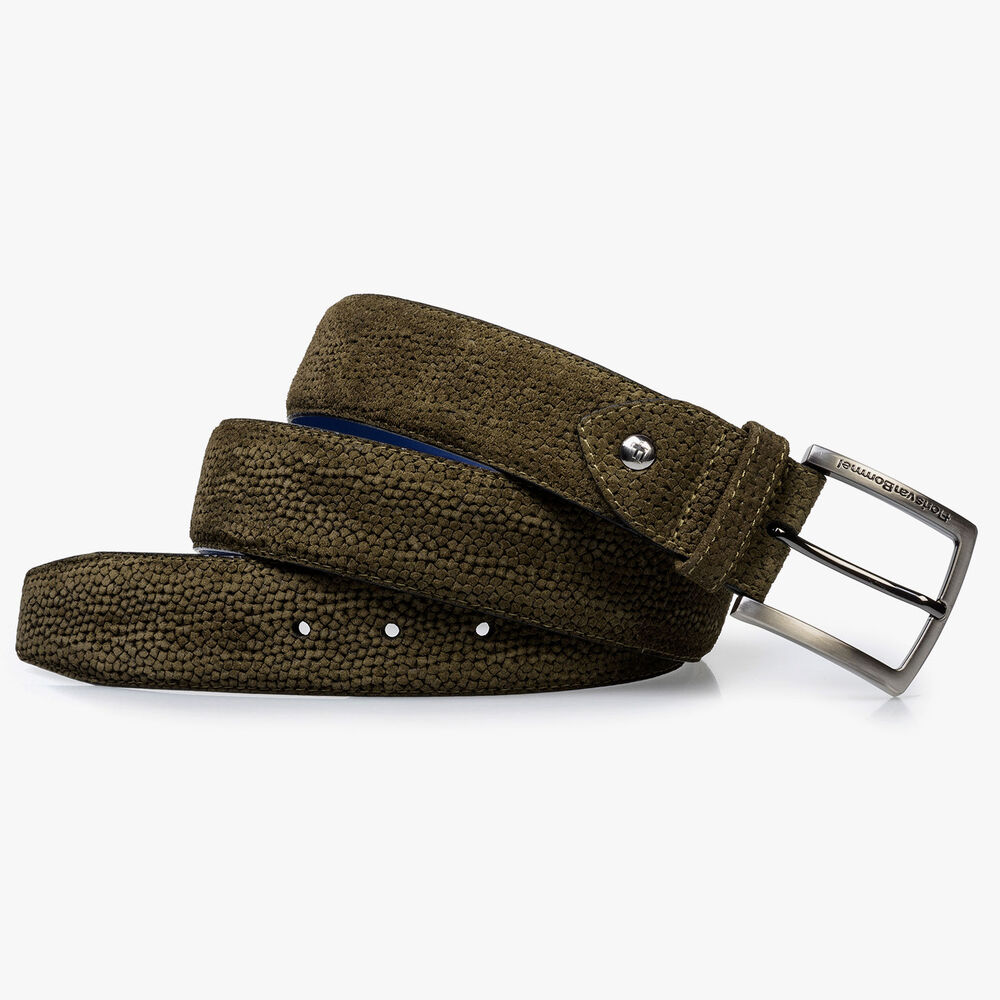 Olive green suede leather belt with print