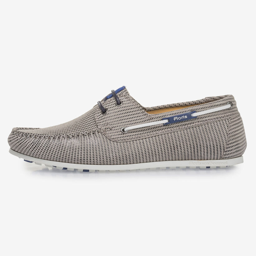Sand-coloured suede leather boat shoe with print
