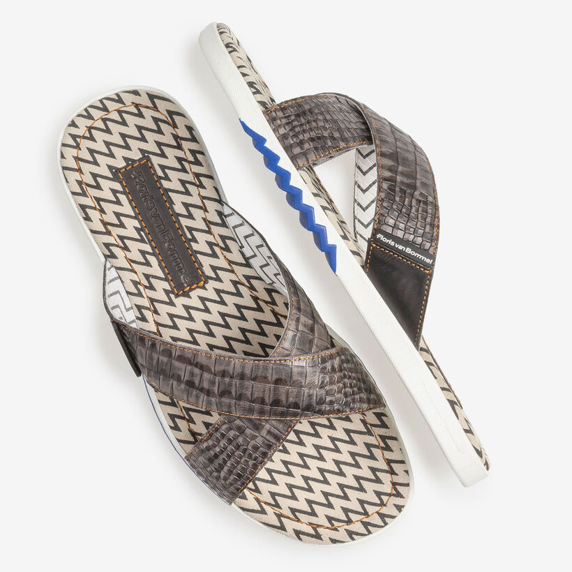 Dark grey nubuck leather cross strap slipper with print