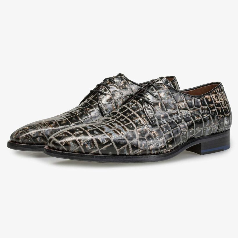 Grey-black leather lace shoe with croco print