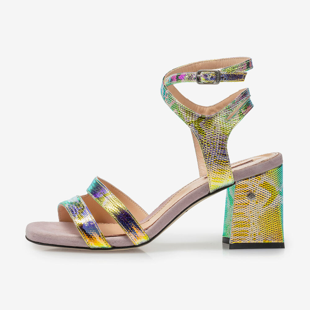 High-heeled leather sandals with green/gold metallic print