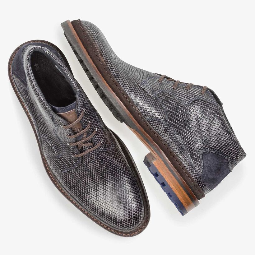 Dark grey leather lace boot with snake print