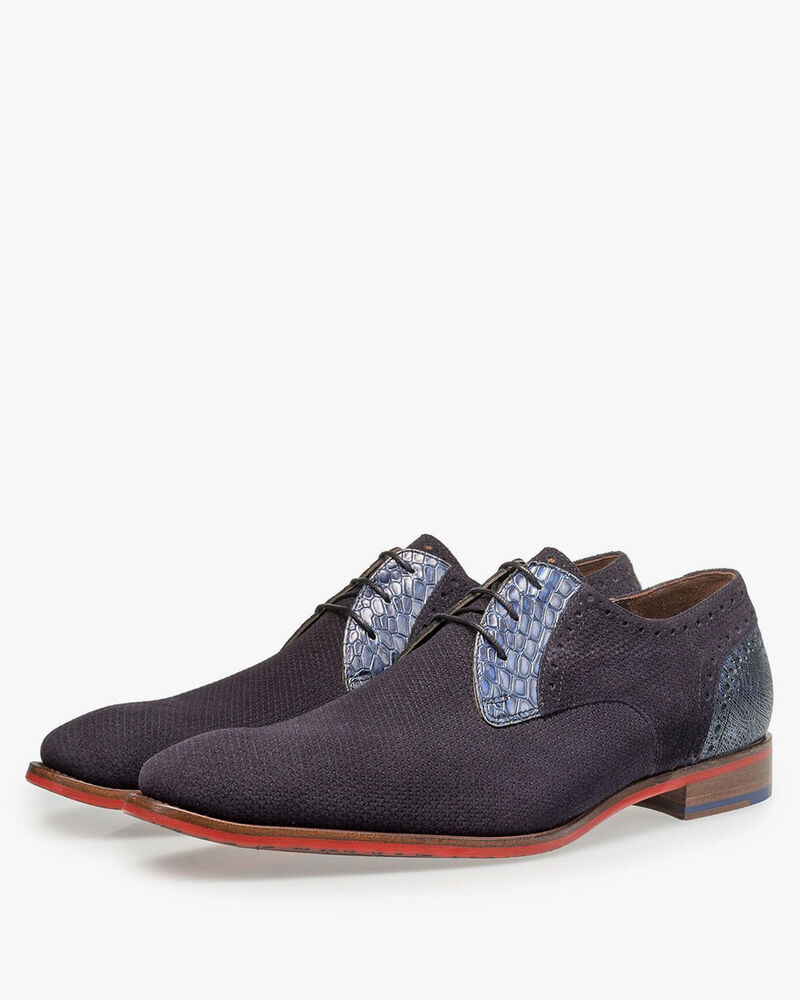 Blue printed suede leather lace shoe