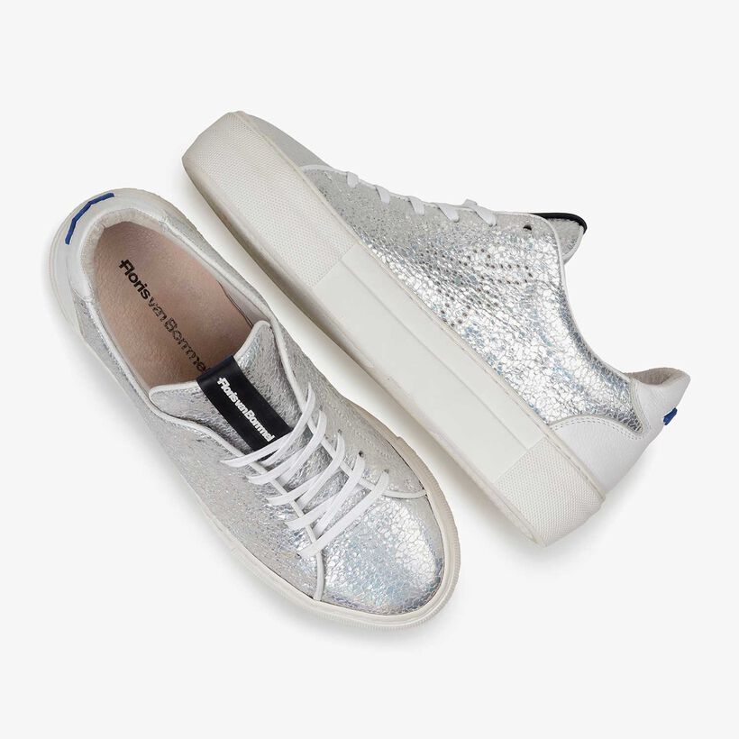 Silver metallic leather sneaker with craquel&eacute; effect