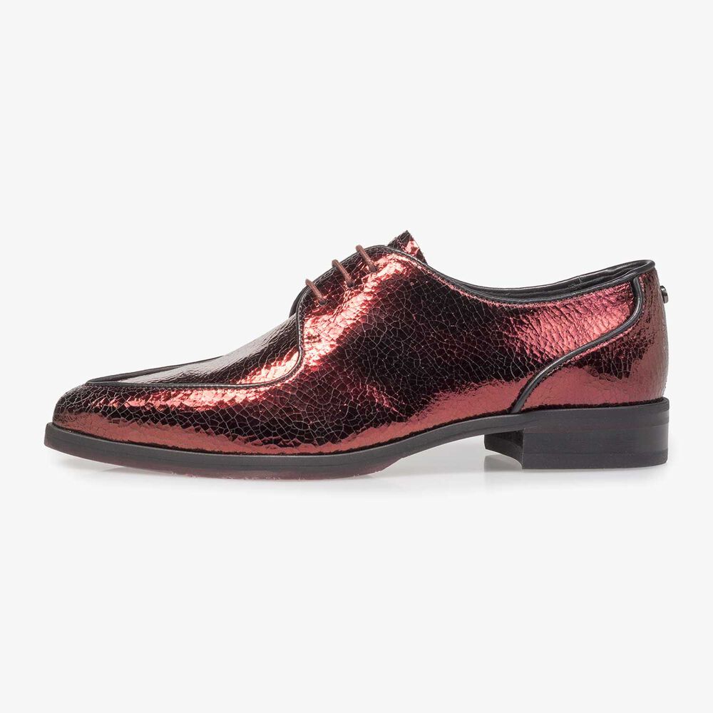 Rode leren veterschoen met metallicprint