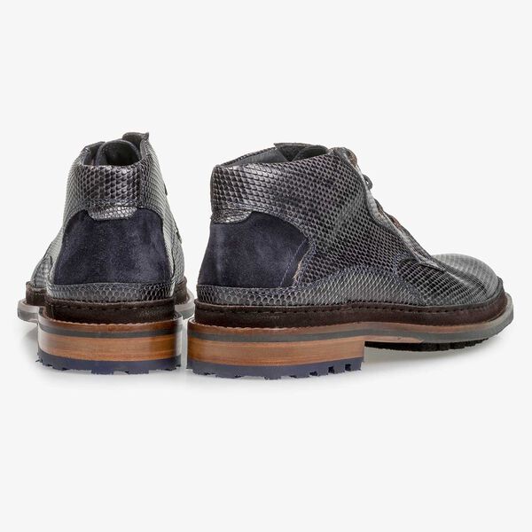 Dark grey leather lace boot with snake print
