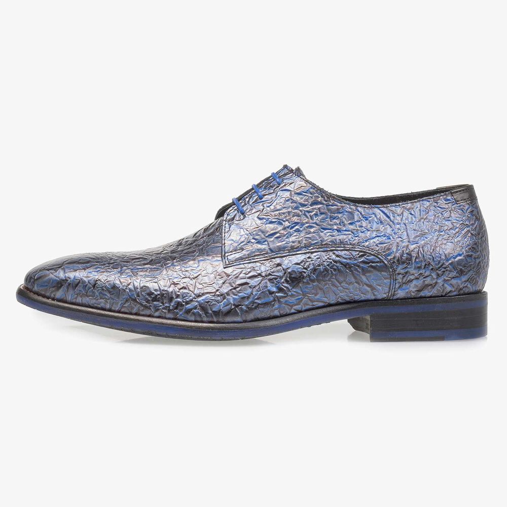 Premium donkerblauwe lakleren veterschoen met print