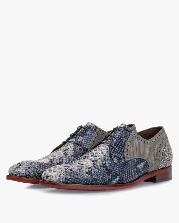 Veterschoen leer met print blauw