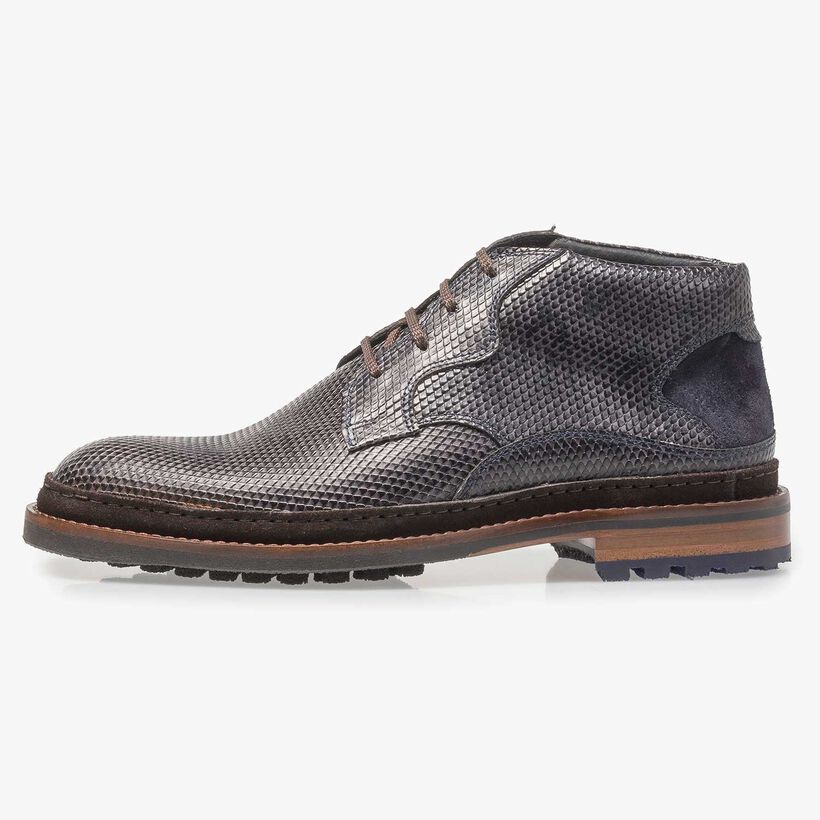 Dark grey leather lace boot with snake print