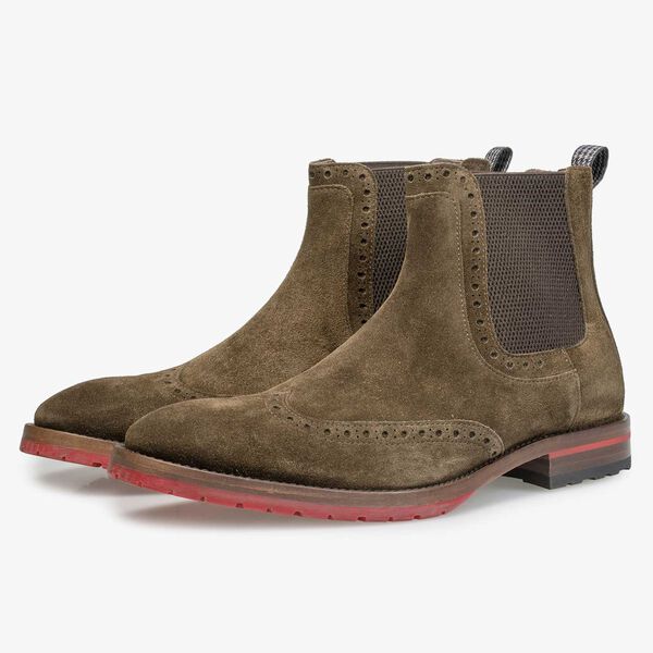 Bruin/olijfgroene kalfssu&egrave;de chelsea boot
