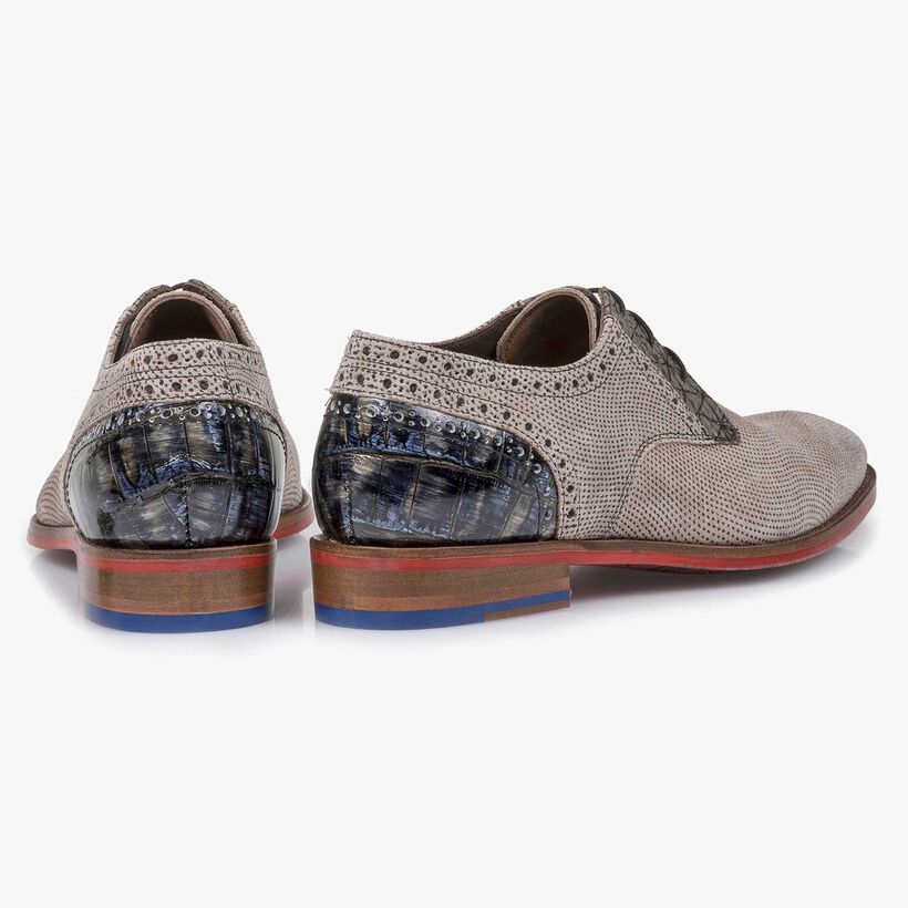 Taupe-coloured printed suede leather lace shoe