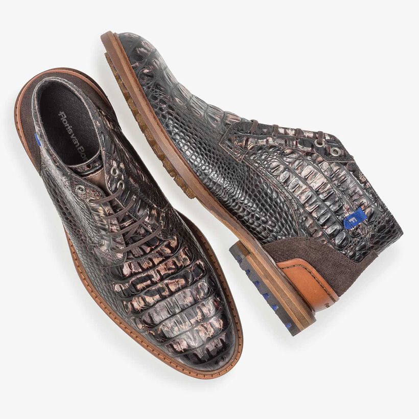Dark brown leather lace boot with croco print