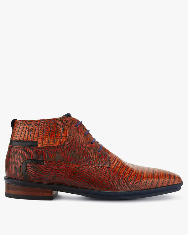 Lace boot printed leather cognac