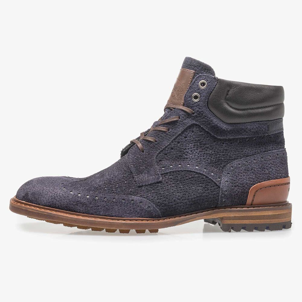 Dark blue suede lace boot with print