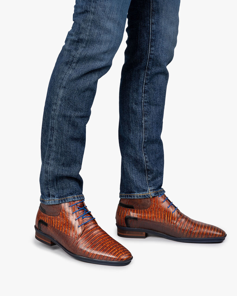 Lace boot printed leather cognac