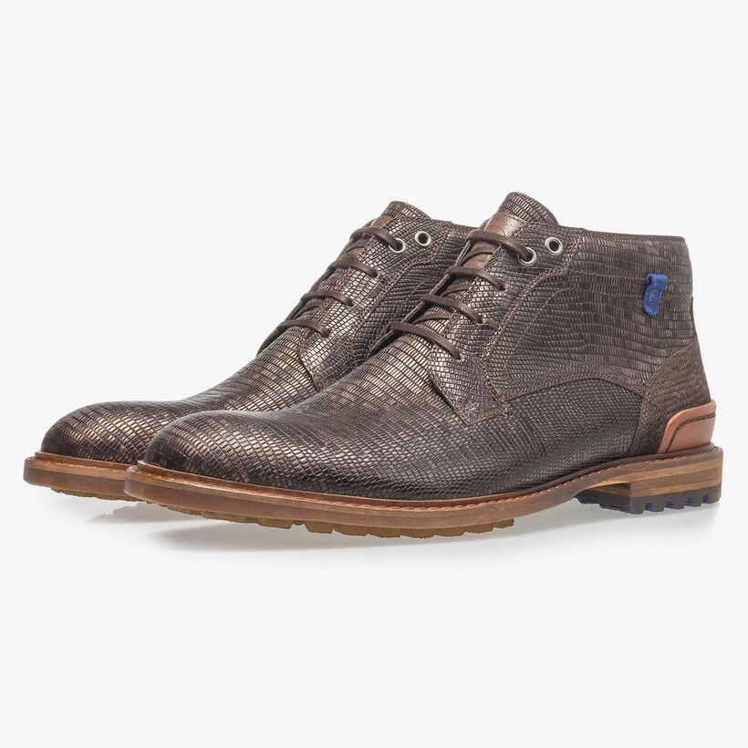 Dark brown leather lace boot with lizard print