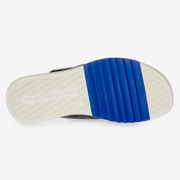 Donkerblauwe nubuckleren kruisband slipper met print