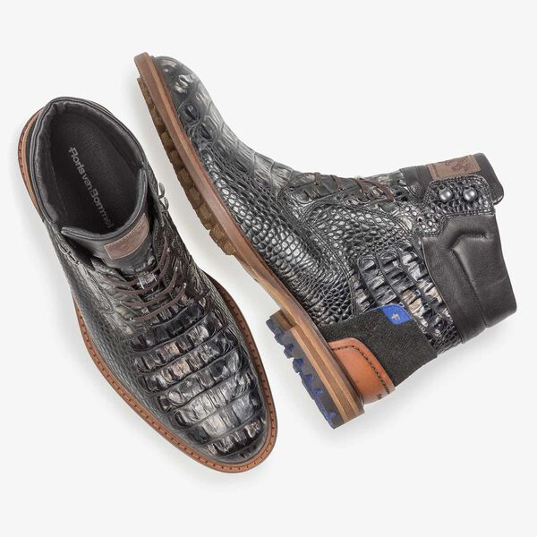 Black leather lace boot with croco print