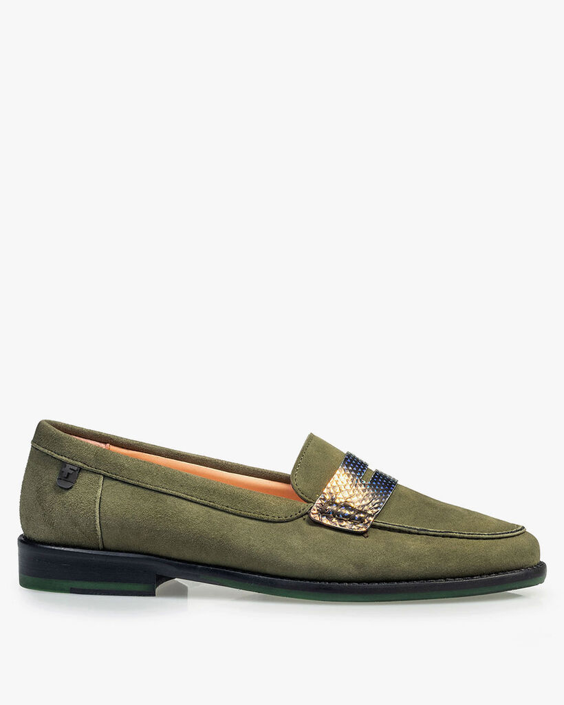 Olive green suede leather loafer