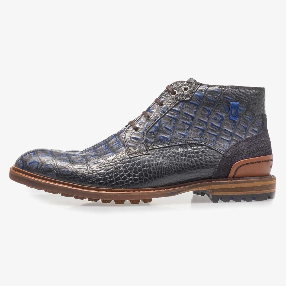 Blue leather lace boot with croco print