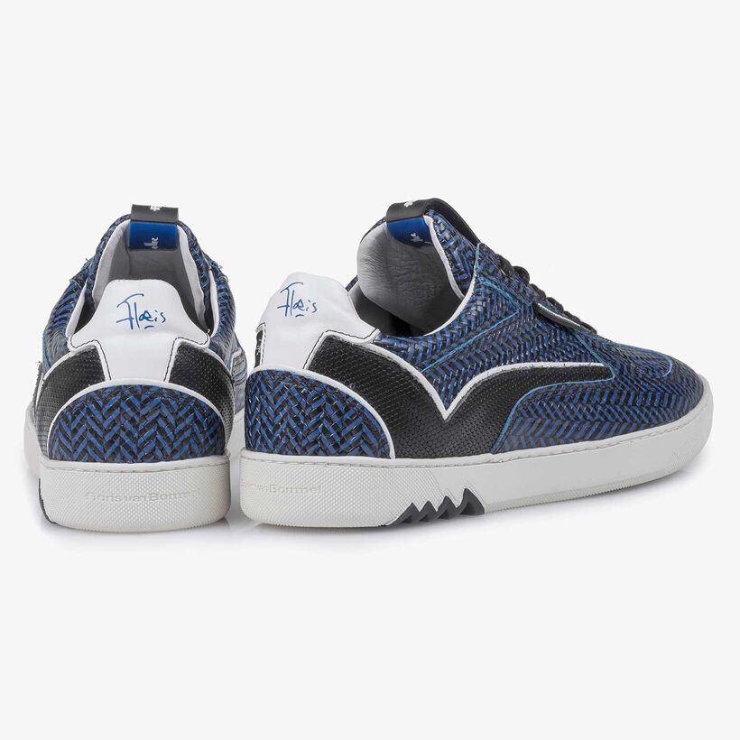 Blauwe leren sneaker met visgraatdessin
