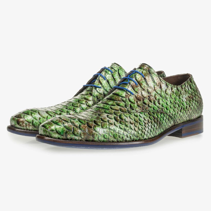 Green patent leather snake print lace shoe