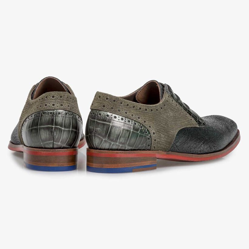 Donkergroene leren veterschoen met metallicprint