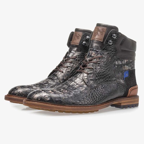 Black leather lace boot with croco print