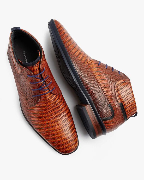 Lace boot printed leather cognac