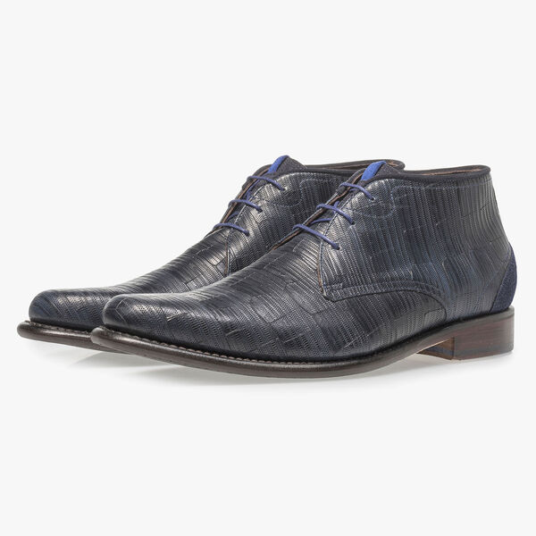 Blue leather lace boot with print