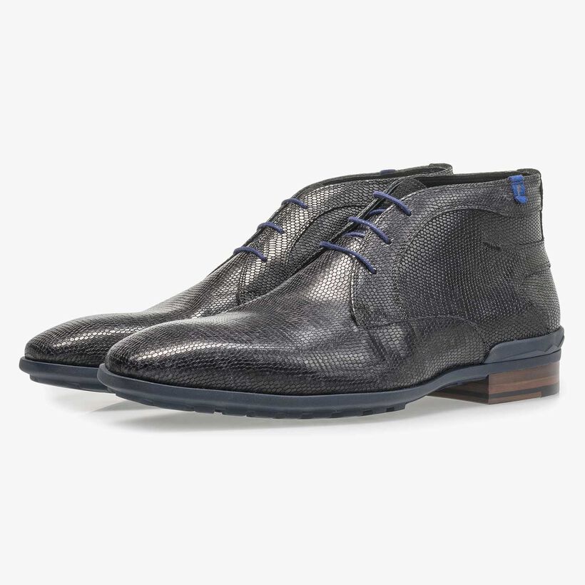 Zwarte leren veterboot met lizardprint