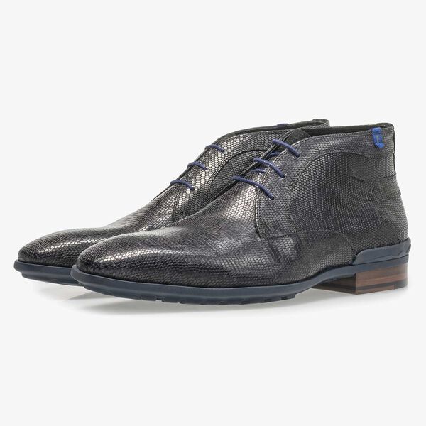 Zwarte leren veterboot met lizardprint