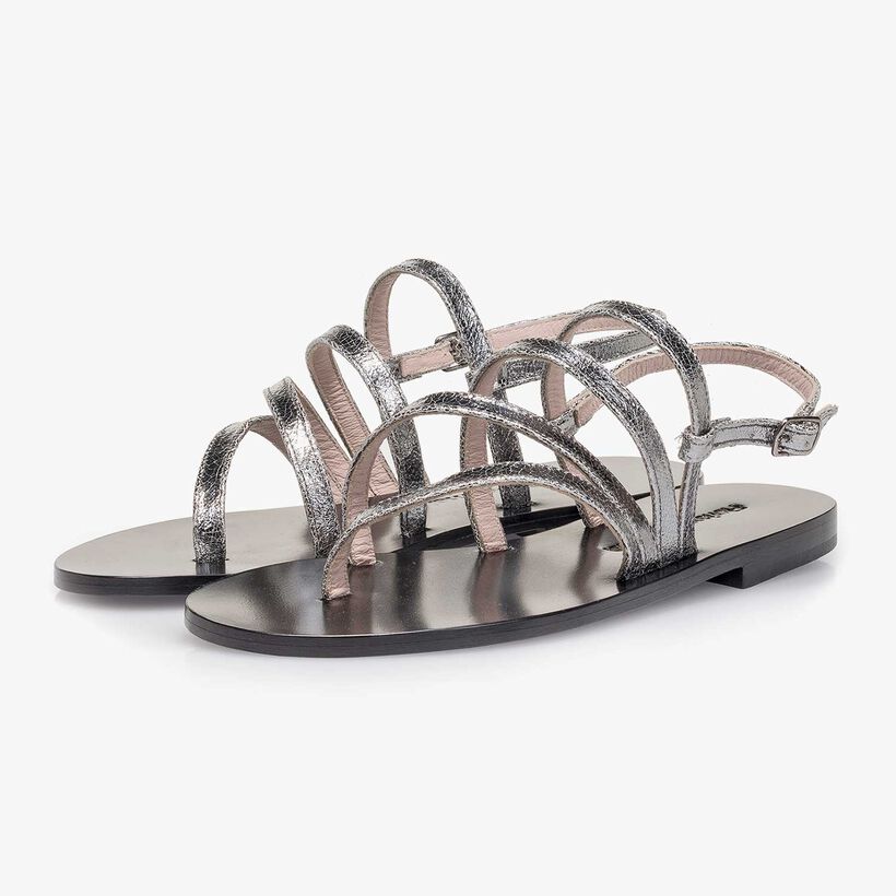 Silver metallic leather sandal with craquel&eacute; effect