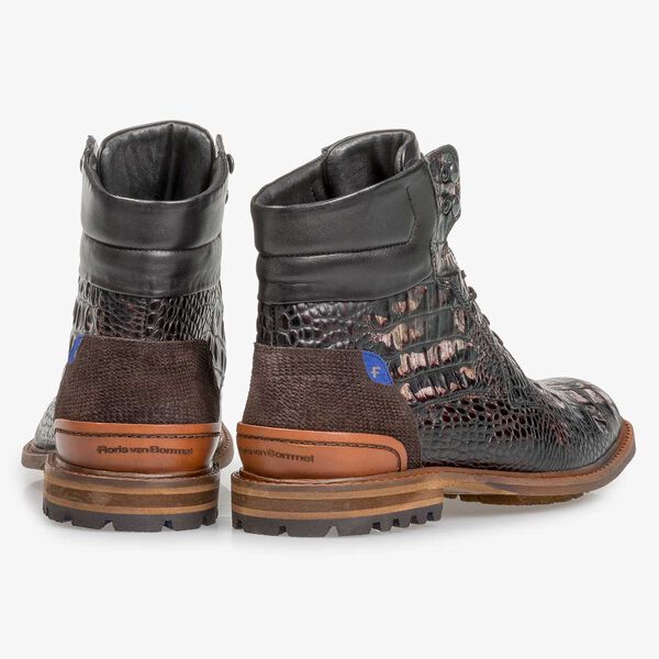 Dark brown leather lace boot with croco print