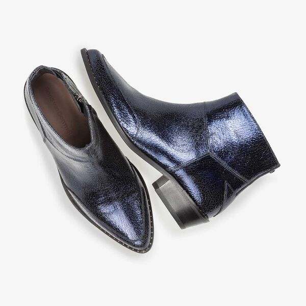 Dark blue leather ankle boots with metallic print