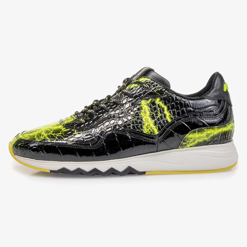 Black patent leather sneaker with yellow print