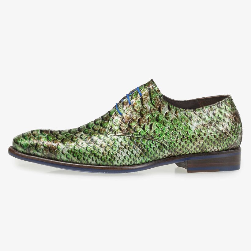 Green patent leather snake print lace shoe
