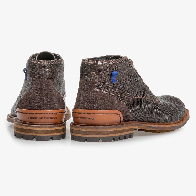 Dark brown leather lace boot with lizard print