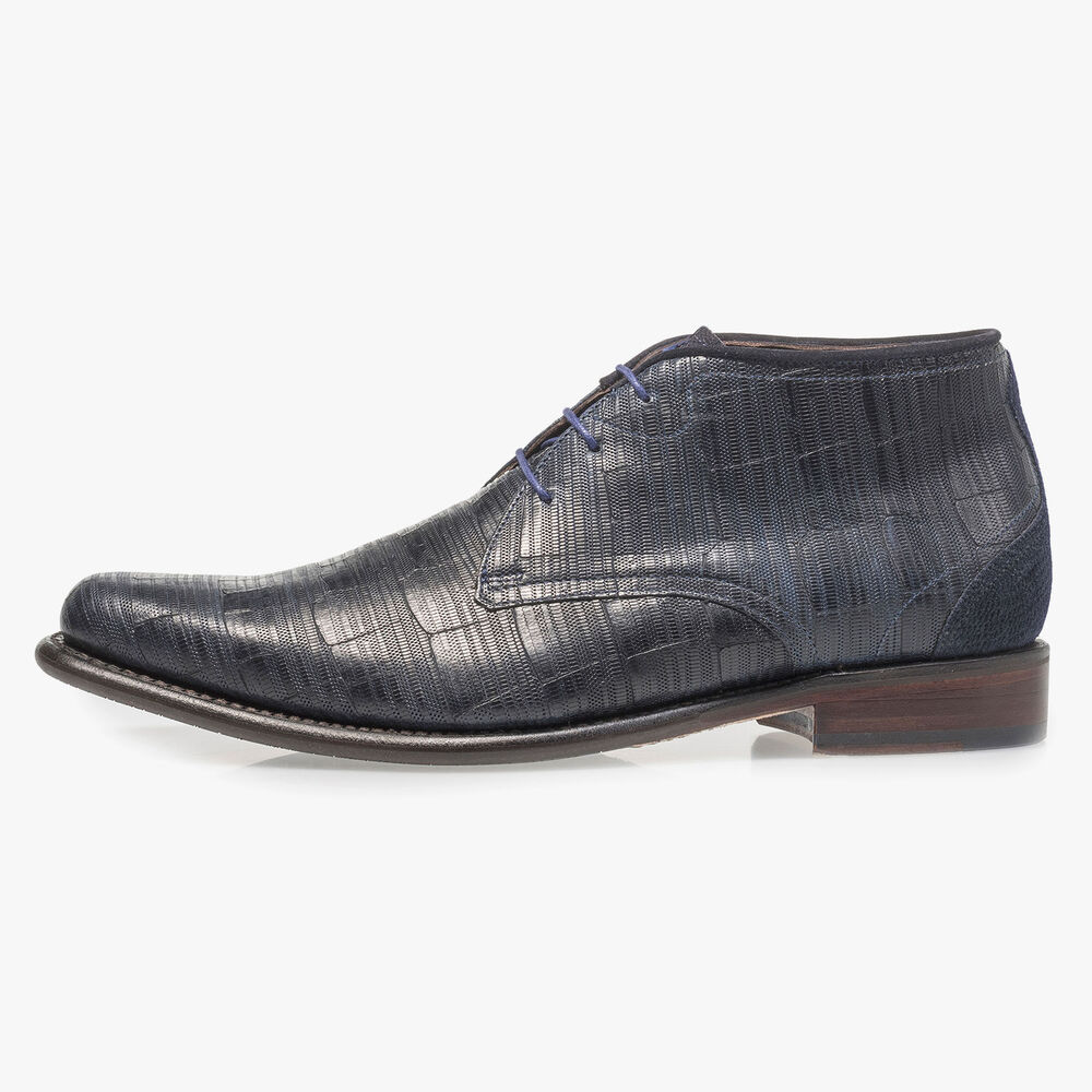 Blue leather lace boot with print