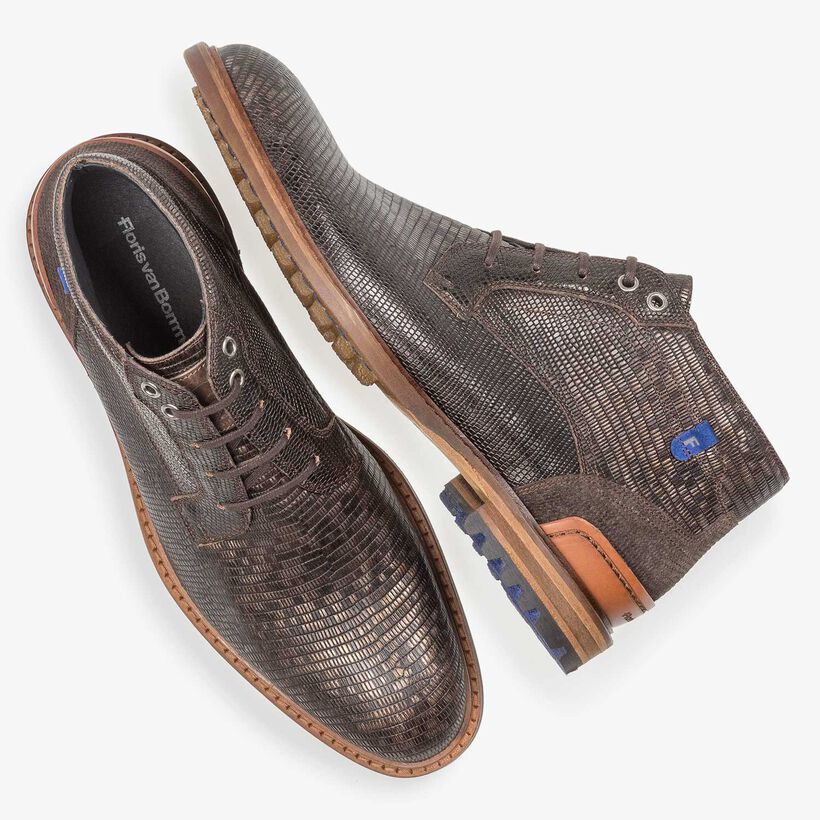 Dark brown leather lace boot with lizard print