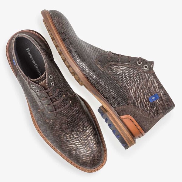 Dark brown leather lace boot with lizard print
