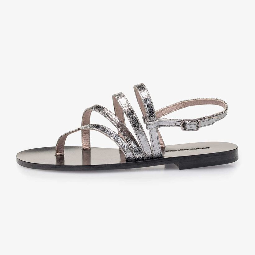 Silver metallic leather sandal with craquel&eacute; effect