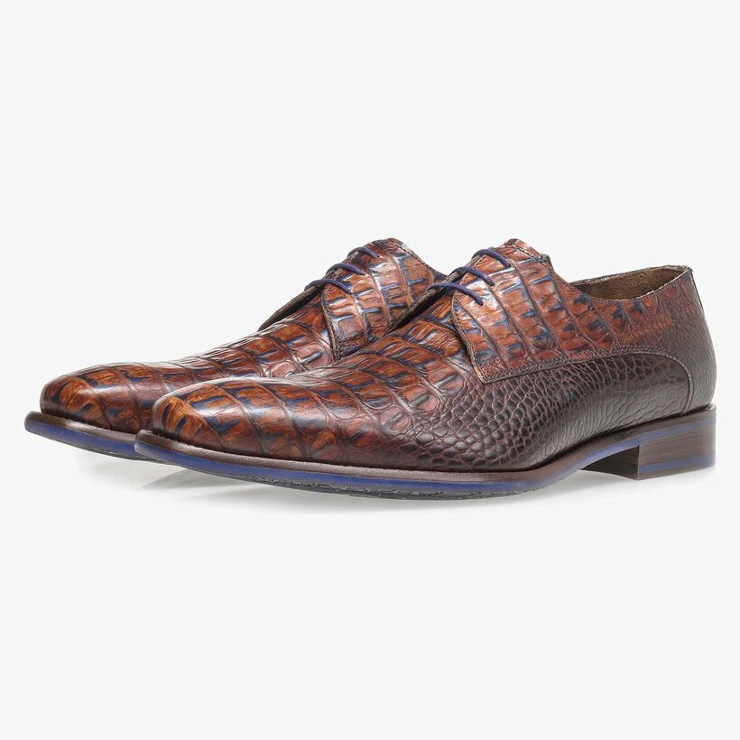 Leren veterschoen cognac met crocoprint