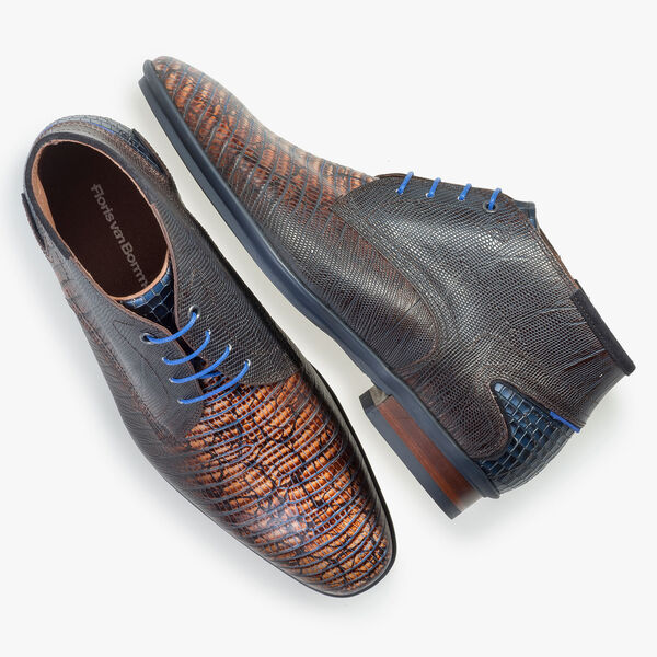 Kalfsleren veterschoen cognac met lizardprint