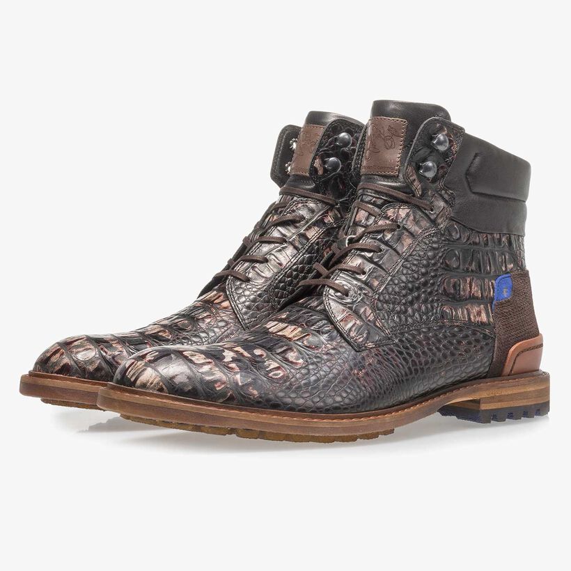 Dark brown leather lace boot with croco print