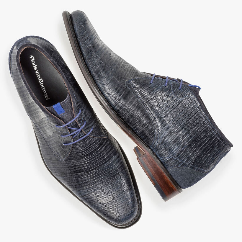 Blue leather lace boot with print