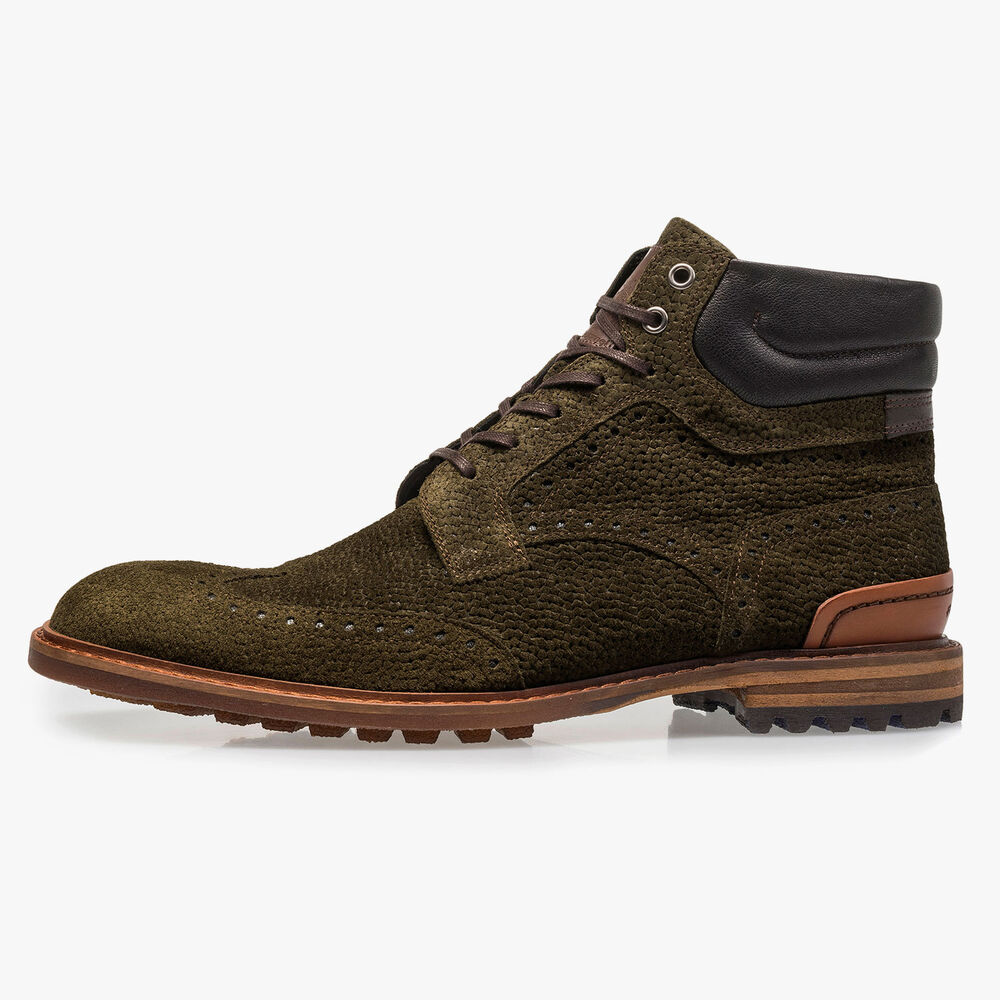 Olijfgroene su&egrave;de veterboot met print
