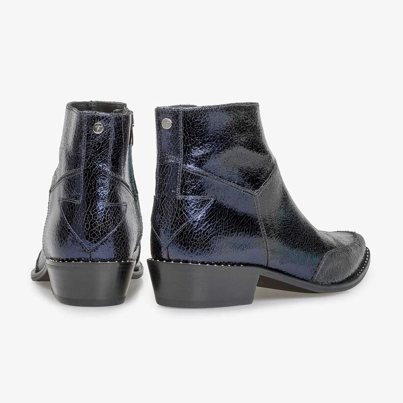 Dark blue leather ankle boots with metallic print