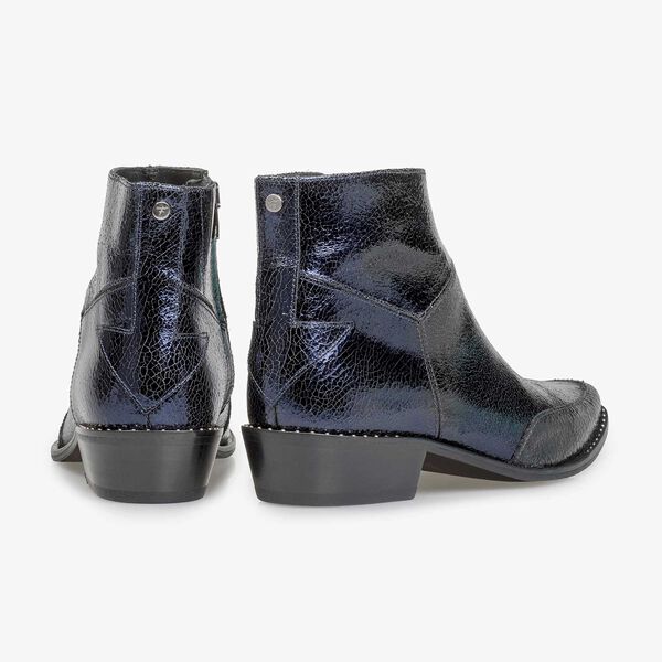 Dark blue leather ankle boots with metallic print