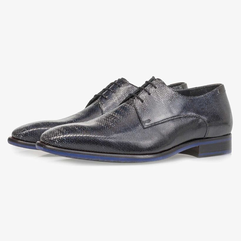 Premium blauwe lakleren veterschoen met print